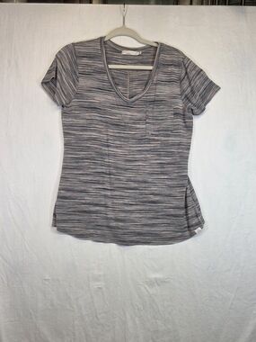 prAna Striped V-Neck Pocket T-Shirt Gray Pink Size Small. #0325